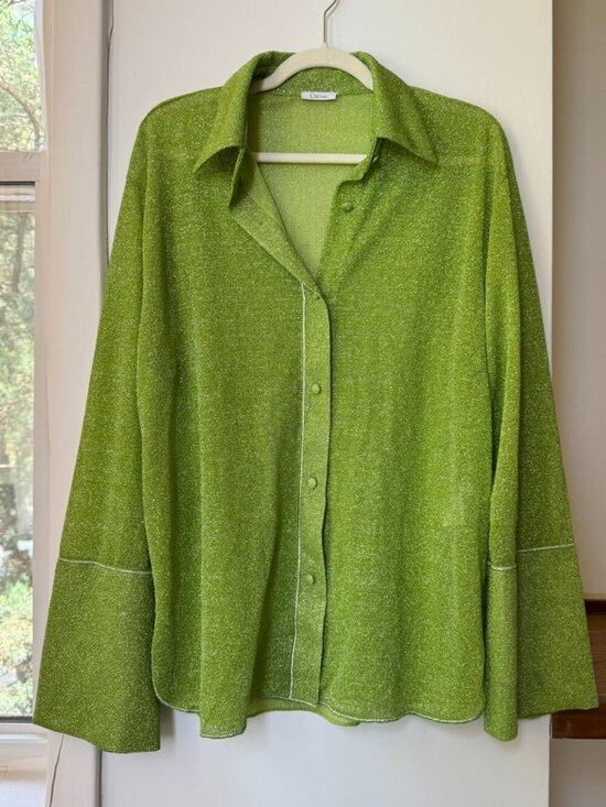 Oseree Tops - Oseree Lumiere Long Sleeves Shirt in Sparkle Lime Green M/L